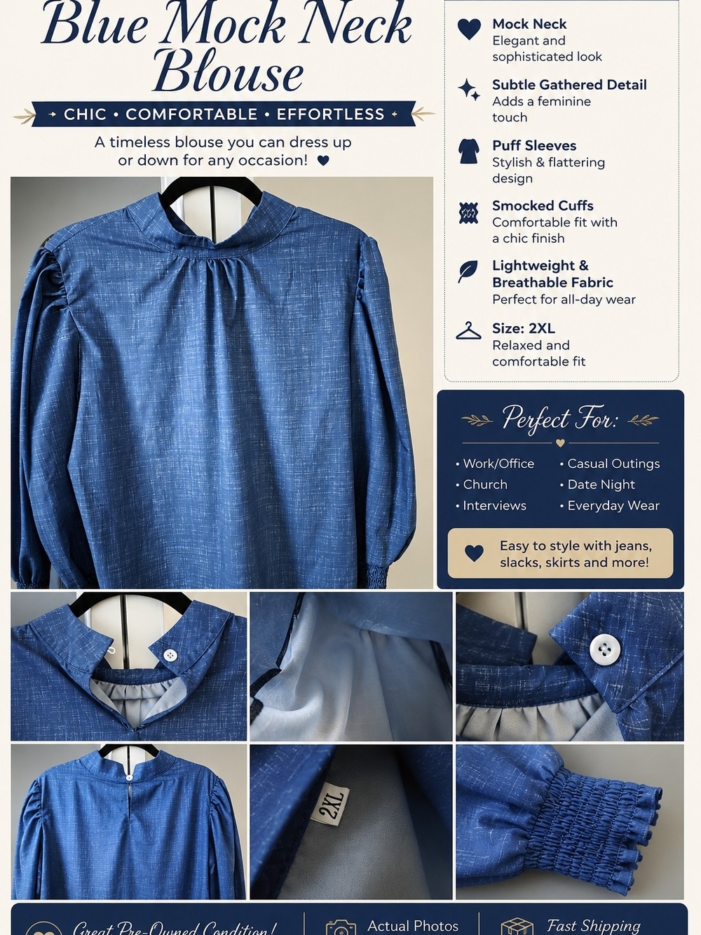 SHEIN Blue Mock Neck Blouse with Puff Sleeves